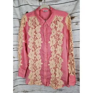 Sundance Salmon Pink Crochet Lace Top L Boho Cottagecore Long Sleeves Ramie